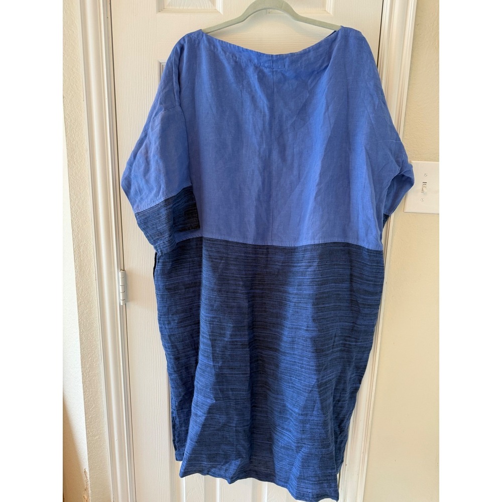 La Fixsun Blue Linen Colorblock Midi Dress Lagenlook Oversized Made in USA Large - Picture 7 of 8